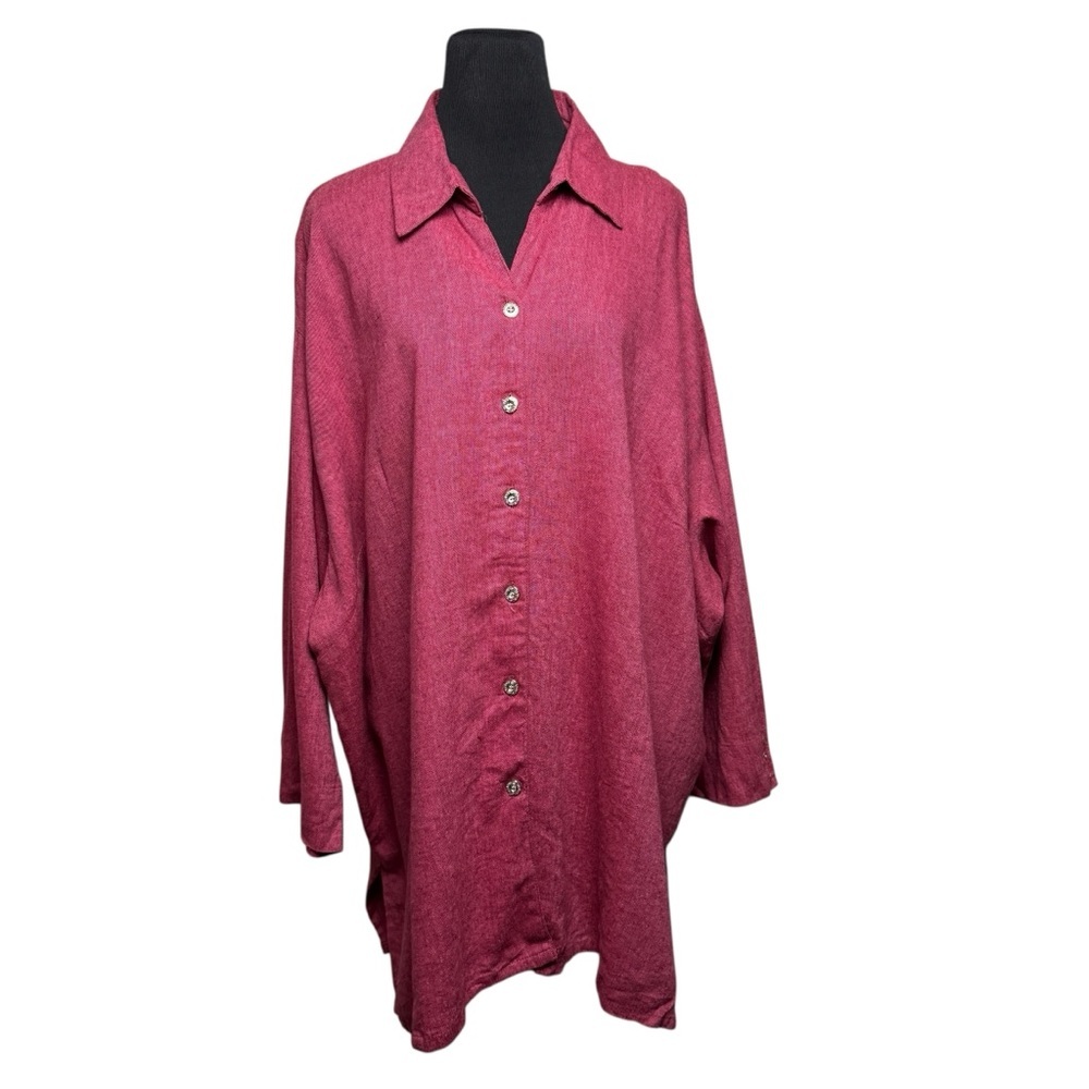 Erica Brooke Linen Tunic Top ButtonUp 36 3X+ Red Linen Artsy Lagenlook Fisherman